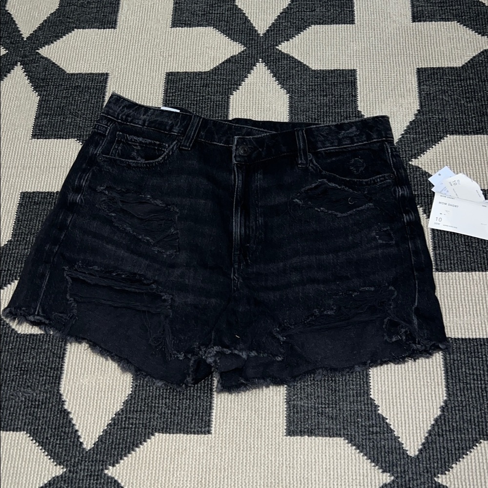 American Eagle Distressed Black Criss Crossed Super High Rise Mom Shorts